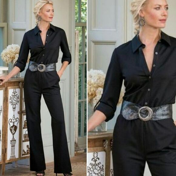 Soft Surroundings Weekend Ponte Jersey Black Jumpsuit Wide Leg Women Medium